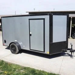 SLE Enclosed Trailers 7x12 Enclosed Trailer Silver V-Nose Blackout Package 3,500lb Axle Storage